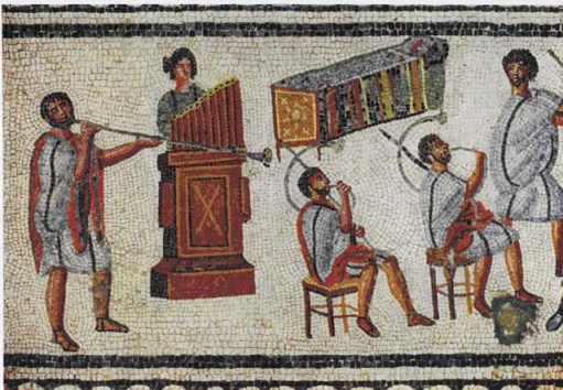 An ancient mosaic depicts ancient Romans performing different instruments