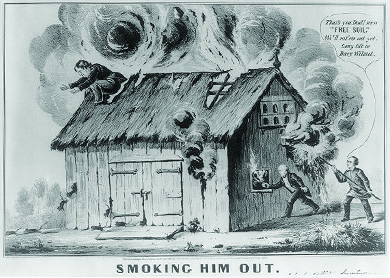 Una caricatura representa a Martin Van Buren y a su hijo John prendiendo fuego a un granero, del que ondea el humo. Lewis Cass se agacha en la azotea, preparándose para dar el salto. John exclama “¡Ese eres tú papá! más 'Suelo Libre'. Ya los vamos a delatar. Larga vida a Davy Wilmot”.