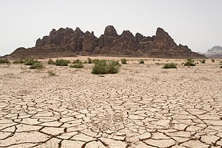 Dry Rock Wadi Rum in the desert valley in Southern Jordan is made of sandstone and granite rock. 