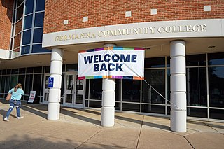 First day, fall semester 2021 - Germanna Community College. Welcome back sign is on a column.