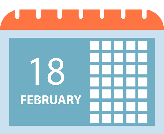 Bule calendar sheet with white small squares and written on it the number 18 and the word February.