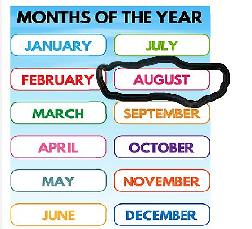 Months of the year poster and the word August is circled in blak.