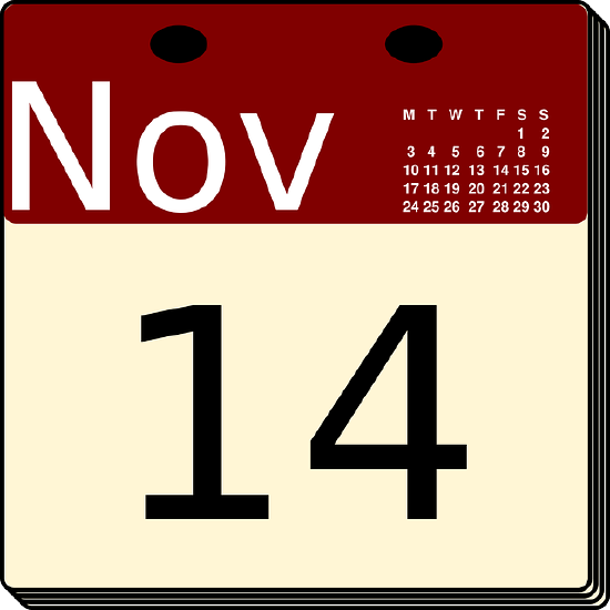 November 14th sheet of the calendar in yellow and red. In the corner the initials of the days and the numbers from 1 to 30.