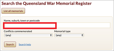 Search box for Queensland War Memorial Register