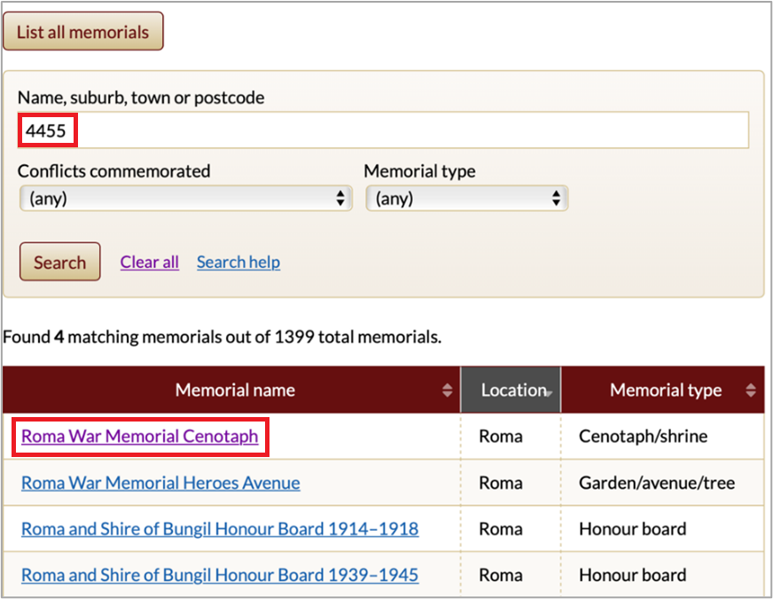 Screenshot of Queensland War Memorial Register search