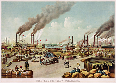 Une estampe montre le port de La Nouvelle-Orléans. De nombreuses balles de coton sont posées sur le quai, entretenues par les dockers. De nombreux grands navires à vapeur sont visibles au loin.