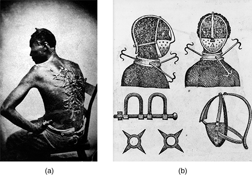 La photographie (a) montre le dos nu d'un esclave assis, entièrement recouvert de cicatrices en relief. Le dessin (b) représente un masque en fer, un collier, des chaînes et des éperons ; des vues de face et de côté d'un esclave portant le collier et le masque sont présentées.
