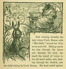 Une illustration tirée de Uncle Remus, His Songs and His Sayings : The Folk-Lore of the Old Plantation représente les personnages Brer Rabbit, qui joue dans les bois, et Brer Wolf, assis à une table.